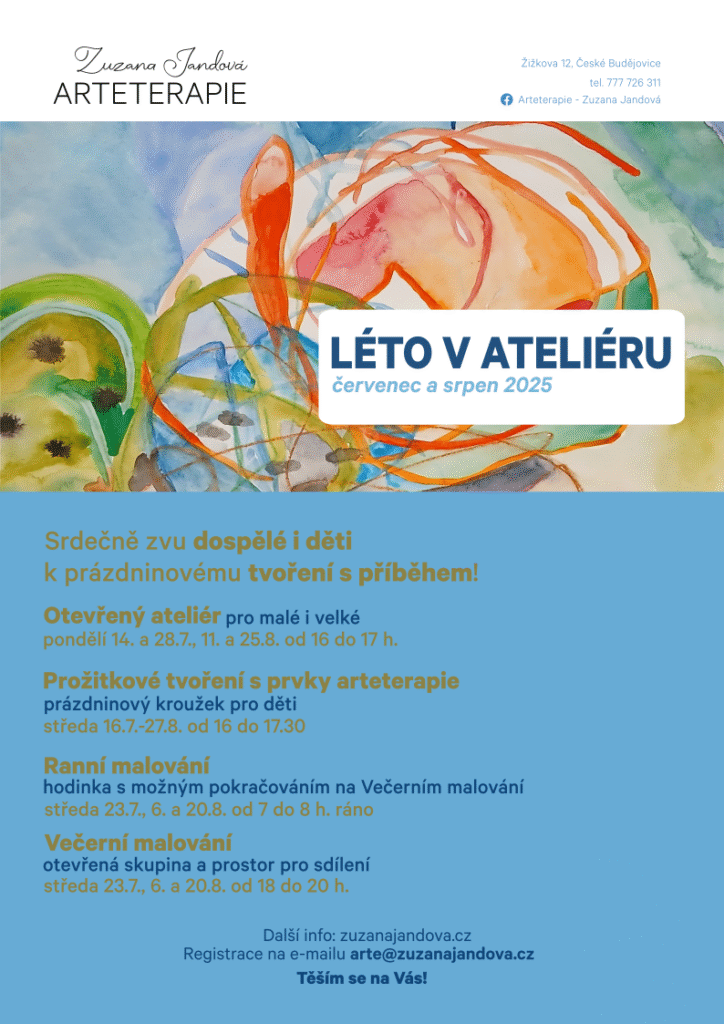 Pozvánka na léto v ateliéru - program pro děti i dospělé, červenec a srpen 2025, České Budějovice, arteterapie, prožitkové tvoření